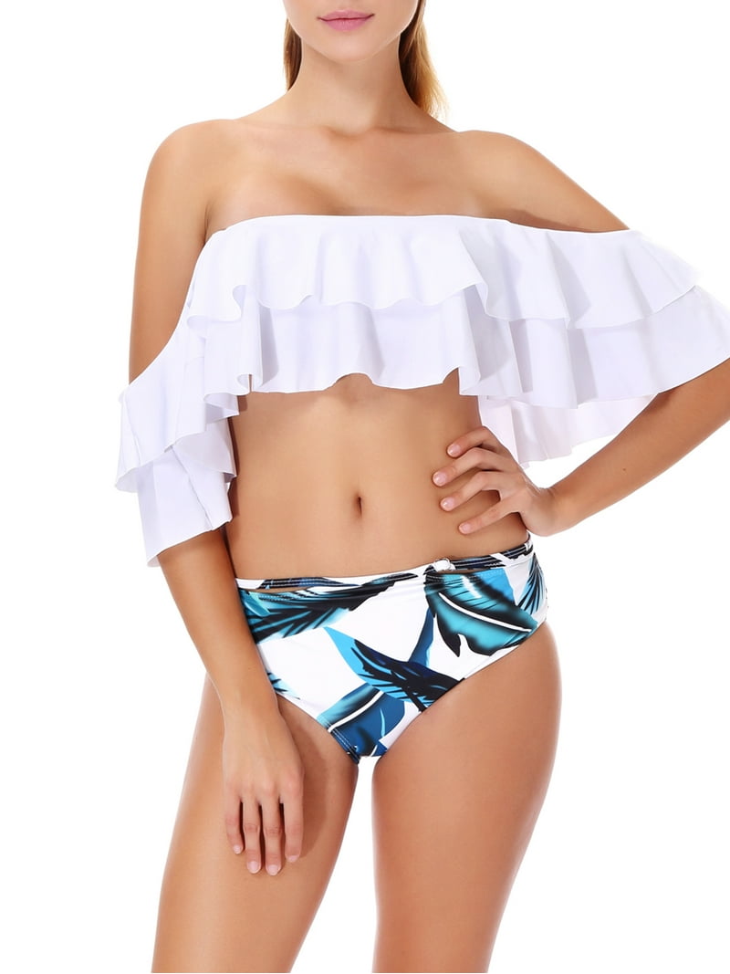 Fashion Juniors Swimsuit Set Retro Off Shoulder Ruffled Flounce