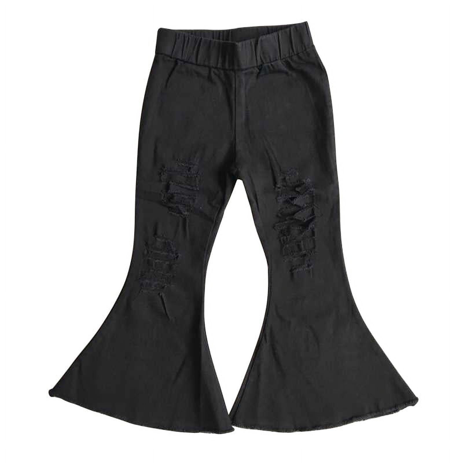 Aislor Kids Girls Elastic Waistband Flared Bell-bottom Pants Ripped Jeans  Spring Autumn Denim Long Pants