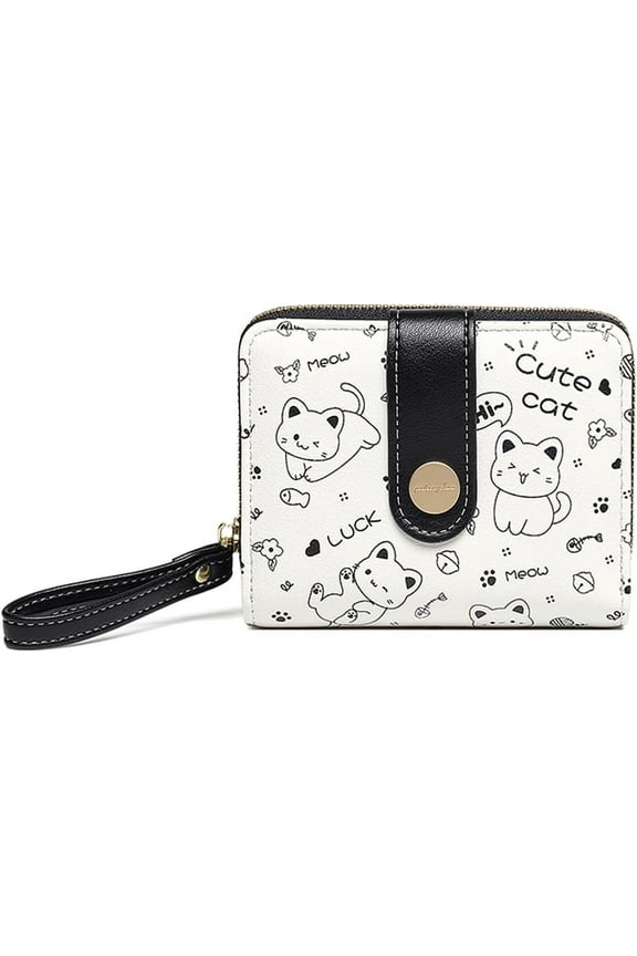 Fashion Kid's Wallet Prints Kawaii Cat Wallets with Exterior Zipper Around Coin Purse Bill Wallet with ID Card Slots (GREEN)