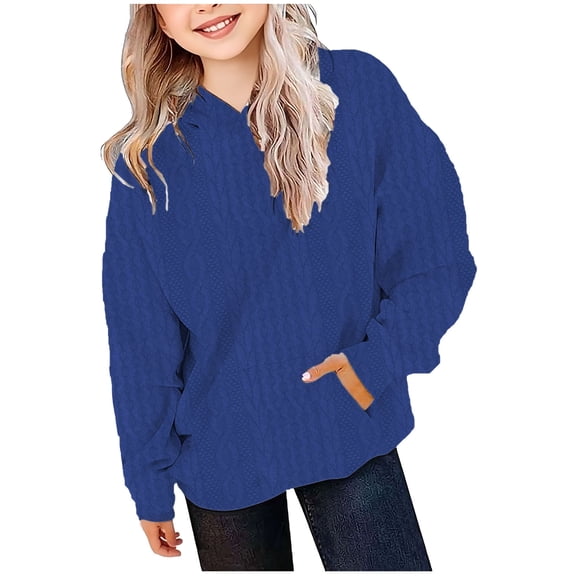 Fashion Kids Hoodie Long Sleeve Textured Pullover Sweatshirt Soft Lightweight Athletic Sweatshirts with Pocket Blue 150