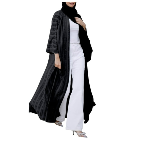 Fashion Kimono Abaya Cardi Robe Striped Ethnic Cardigan Middle Kaftan With Pockets