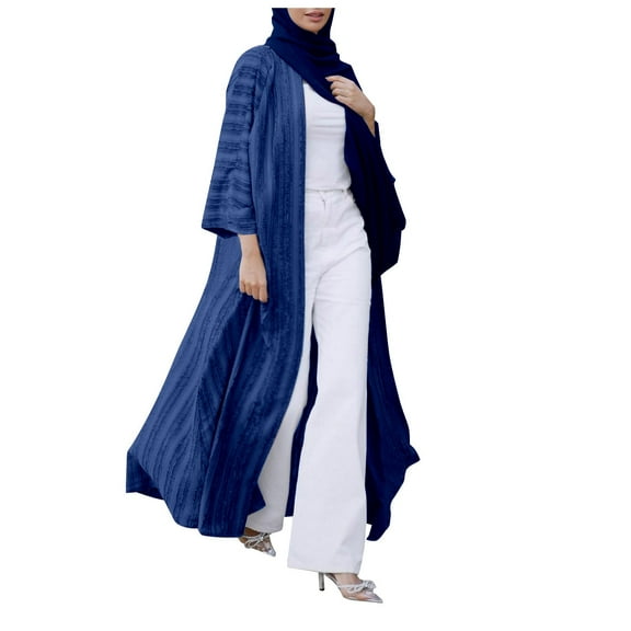 Fashion Kimono Abaya Cardi Robe Striped Ethnic Cardigan Middle Kaftan With Pockets