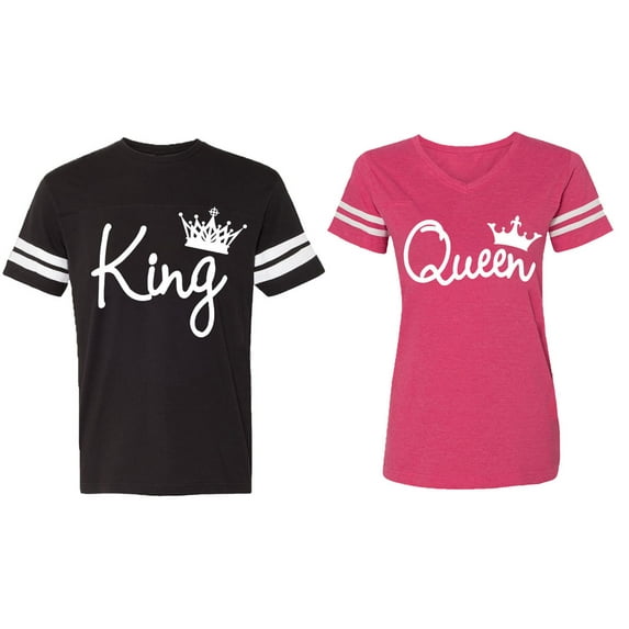 Fashion King Queen Matching Couple Cotton Jerseys (Men Black / Women Pink) (Men S / Women XL)