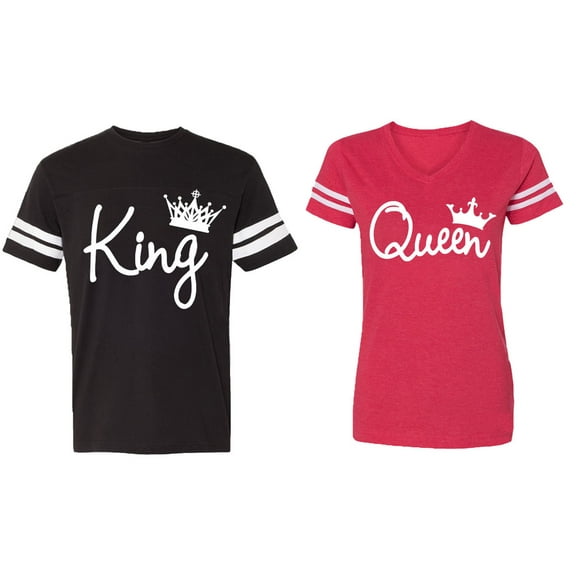 Fashion King Queen Matching Couple Cotton Jerseys (Men Black / Women Red) (Men L / Women L)