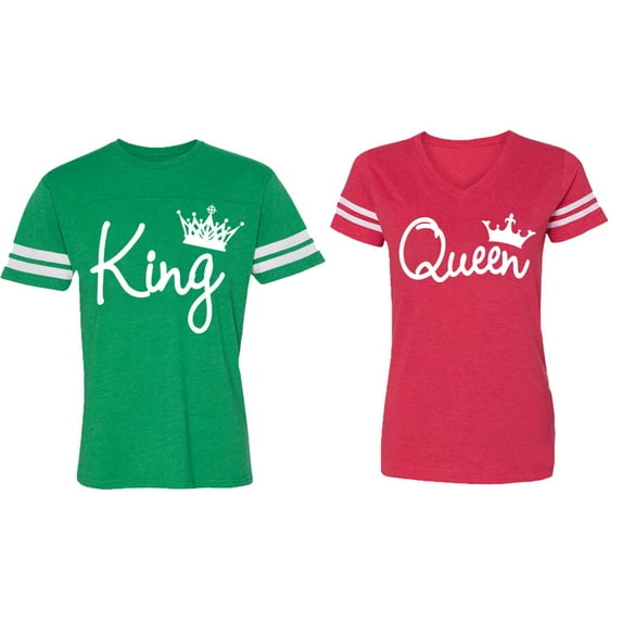 Fashion King Queen Matching Couple Cotton Jerseys (Men Green / Women Red) (Men L / Women L)