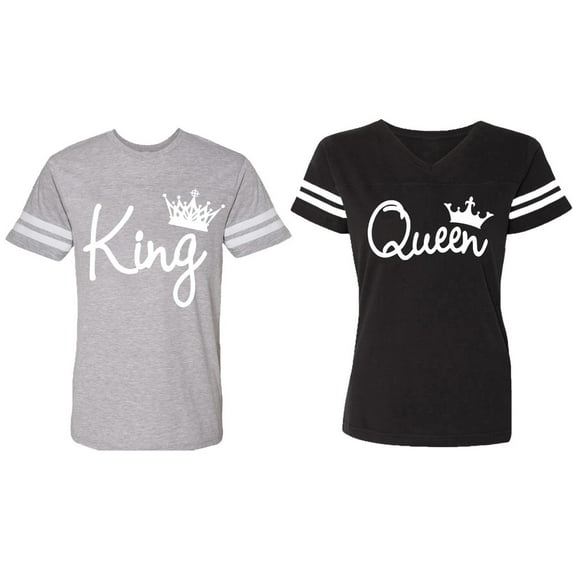 Fashion King Queen Matching Couple Cotton Jerseys (Men Heather / Women Black) (Men S / Women S)