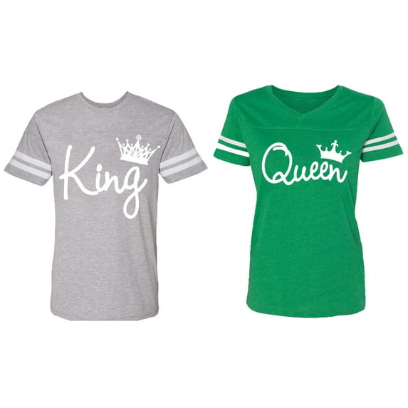 Fashion King Queen Matching Couple Cotton Jerseys (Men Heather / Women Green) (Men XL / Women L)