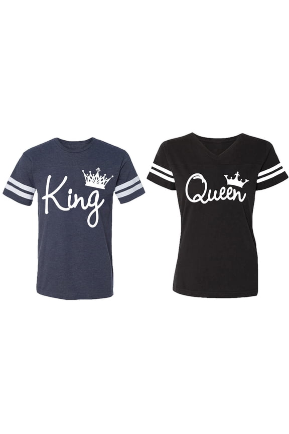 Fashion King Queen Matching Couple Cotton Jerseys (Men Navy / Women Black) (Men S / Women S)