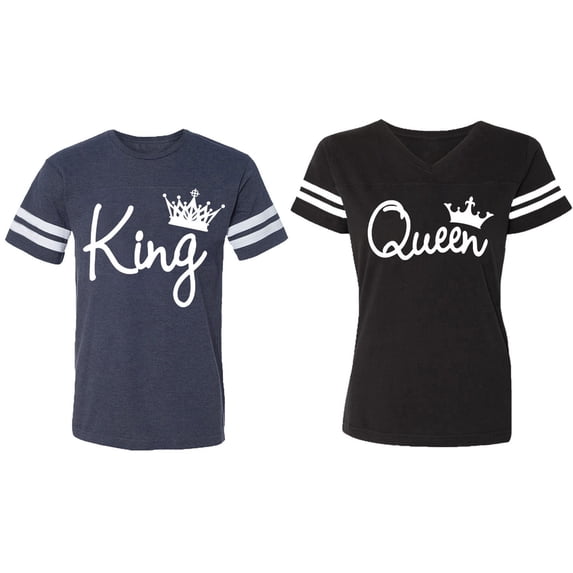 Fashion King Queen Matching Couple Cotton Jerseys (Men Navy / Women Black) (Men S / Women S)
