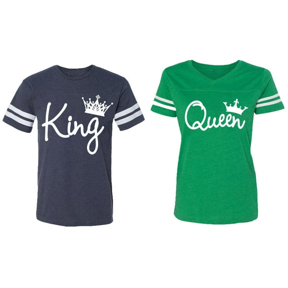 Fashion King Queen Matching Couple Cotton Jerseys (Men Navy / Women Green) (Men L / Women L)