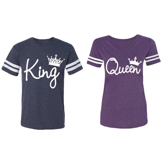 Fashion King Queen Matching Couple Cotton Jerseys (Men Navy / Women Purple) (Men L / Women XXL)