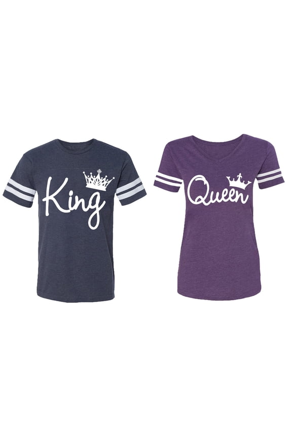 Fashion King Queen Matching Couple Cotton Jerseys (Men Navy / Women Purple) (Men XXL / Women XXL)