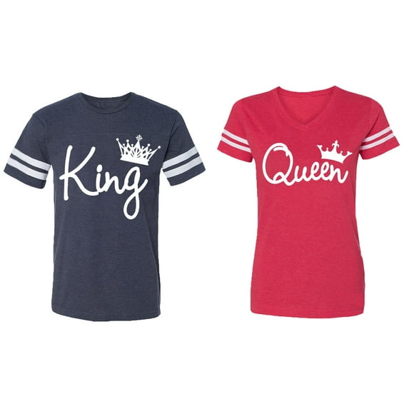 Fashion King Queen Matching Couple Cotton Jerseys (Men Navy / Women Red) (Men XXL / Women XXL)