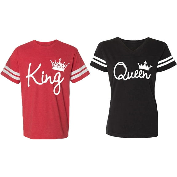 Fashion King Queen Matching Couple Cotton Jerseys (Men Red / Women Black) (Men S / Women S)
