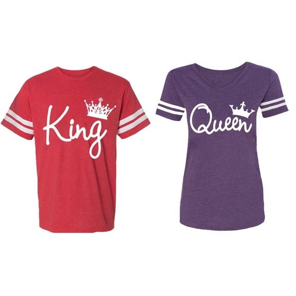 Fashion King Queen Matching Couple Cotton Jerseys (Men Red / Women Purple) (Men M / Women L)