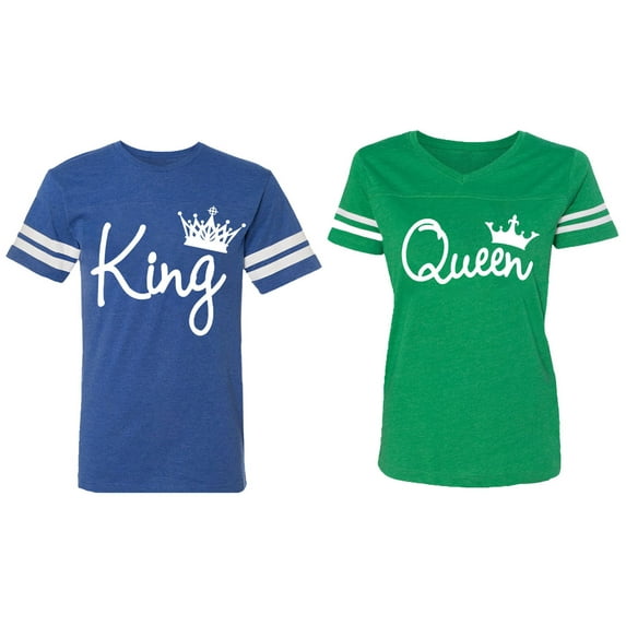 Fashion King Queen Matching Couple Cotton Jerseys (Men Royal / Women Green) (Men M / Women M)