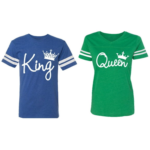 Fashion King Queen Matching Couple Cotton Jerseys (Men Royal / Women Green) (Men XXL / Women L)