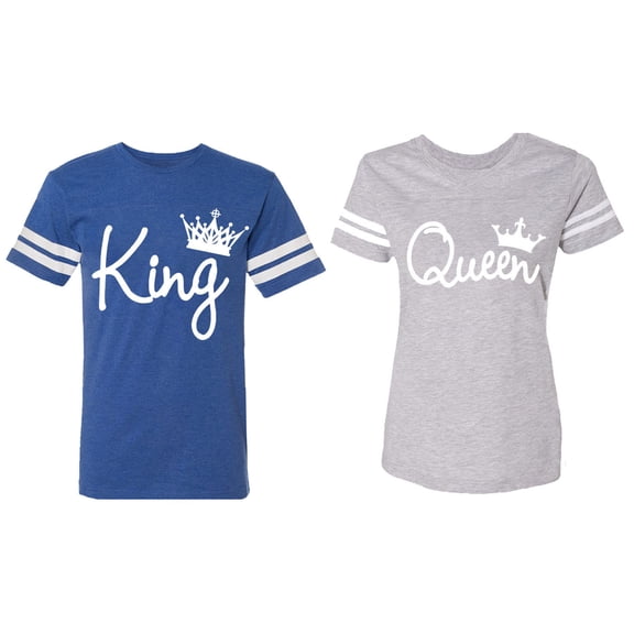Fashion King Queen Matching Couple Cotton Jerseys (Men Royal / Women Heather) (Men S / Women L)