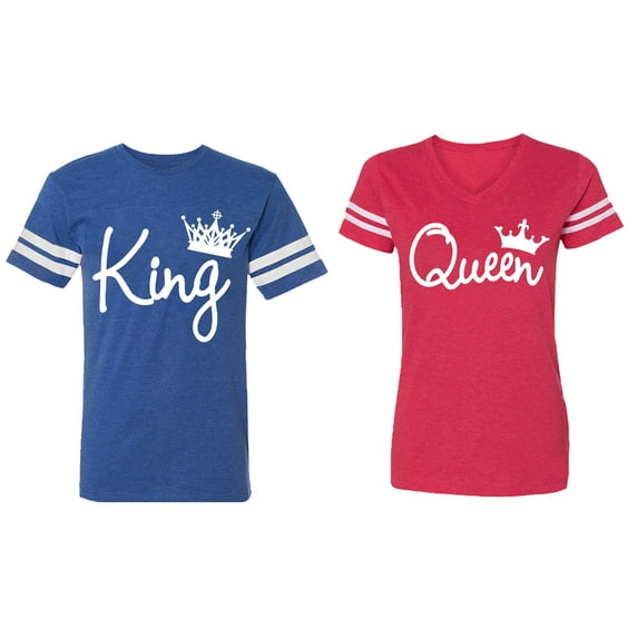 Fashion King Queen Matching Couple Cotton Jerseys (Men Royal / Women Red) (Men M / Women L)