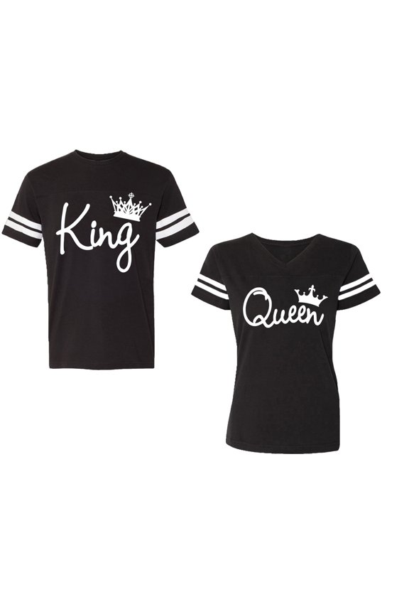 Fashion King Queen Unisex Couple Matching Cotton Jersey style T-Shirt Contrasting stripes on sleeves (Men Black / Women Black) (Men XL / Women XL)