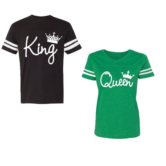 Fashion King Queen Unisex Couple Matching Cotton Jersey style T-Shirt Contrasting stripes on sleeves (Men Black / Women Green) (Men XXL / Women XL)