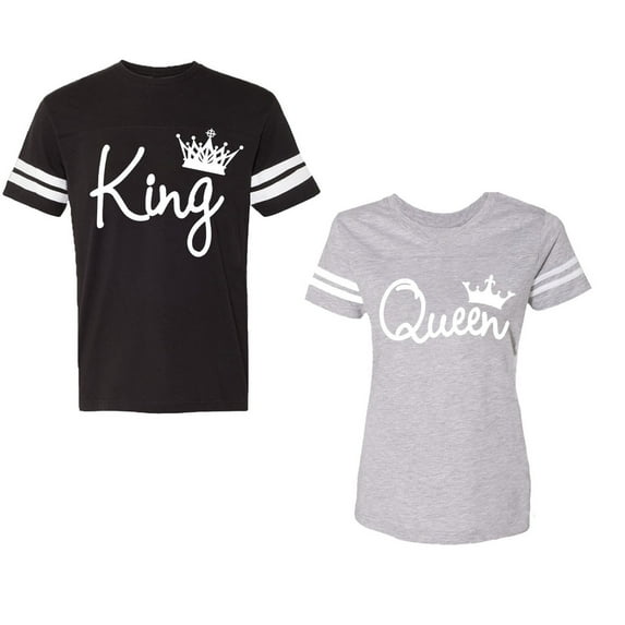 Fashion King Queen Unisex Couple Matching Cotton Jersey style T-Shirt Contrasting stripes on sleeves (Men Black / Women Heather) (Men S / Women M)