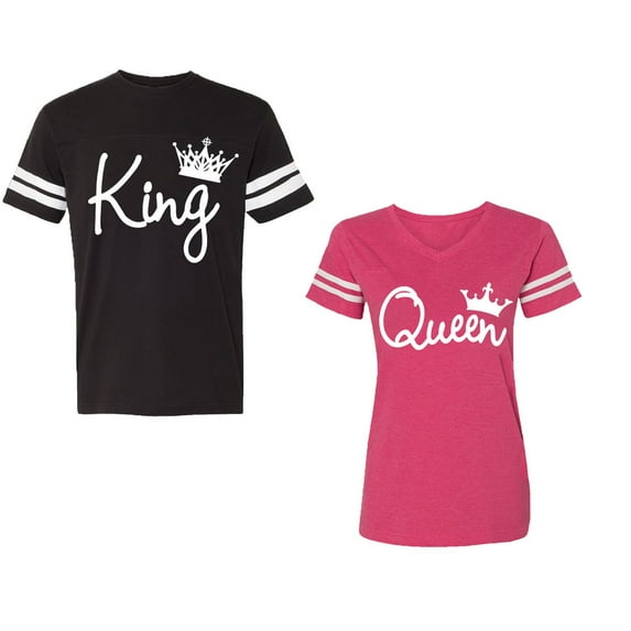 Fashion King Queen Unisex Couple Matching Cotton Jersey style T-Shirt Contrasting stripes on sleeves (Men Black / Women Pink) (Men L / Women XL)