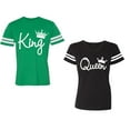 thumbnail image 1 of Fashion King Queen Unisex Couple Matching Cotton Jersey style T-Shirt Contrasting stripes on sleeves (Men Green / Women Black) (Men L / Women S), 1 of 3