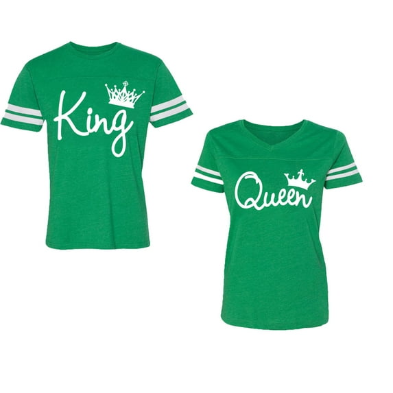 Fashion King Queen Unisex Couple Matching Cotton Jersey style T-Shirt Contrasting stripes on sleeves (Men Green / Women Green) (Men S / Women XL)