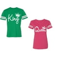 thumbnail image 1 of Fashion King Queen Unisex Couple Matching Cotton Jersey style T-Shirt Contrasting stripes on sleeves (Men Green / Women Pink) (Men L / Women XXL), 1 of 3