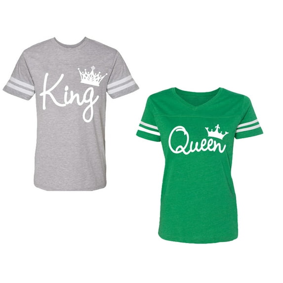 Fashion King Queen Unisex Couple Matching Cotton Jersey style T-Shirt Contrasting stripes on sleeves (Men Heather / Women Green) (Men M / Women XXL)