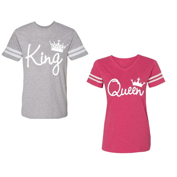 Fashion King Queen Unisex Couple Matching Cotton Jersey style T-Shirt Contrasting stripes on sleeves (Men Heather / Women Pink) (Men XL / Women M)