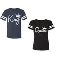 thumbnail image 1 of Fashion King Queen Unisex Couple Matching Cotton Jersey style T-Shirt Contrasting stripes on sleeves (Men Navy / Women Black) (Men M / Women L), 1 of 3