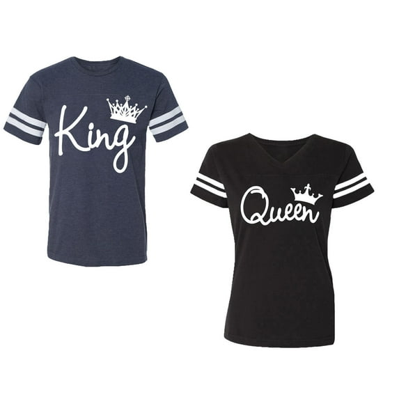 Fashion King Queen Unisex Couple Matching Cotton Jersey style T-Shirt Contrasting stripes on sleeves (Men Navy / Women Black) (Men M / Women L)