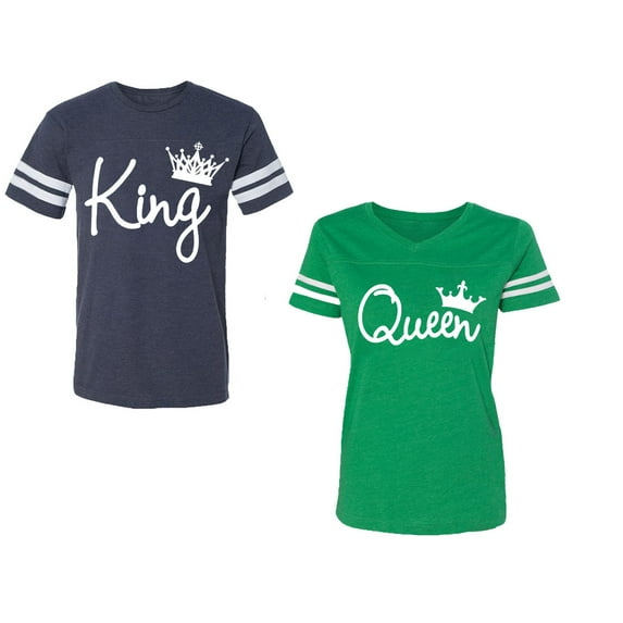 Fashion King Queen Unisex Couple Matching Cotton Jersey style T-Shirt Contrasting stripes on sleeves (Men Navy / Women Green) (Men L / Women XXL)