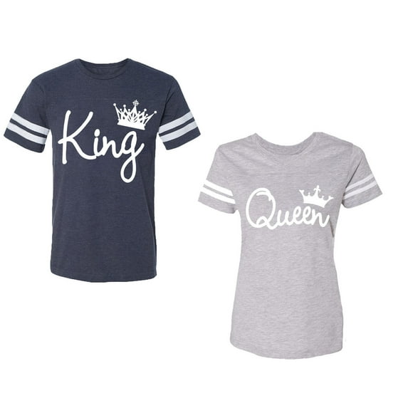 Fashion King Queen Unisex Couple Matching Cotton Jersey style T-Shirt Contrasting stripes on sleeves (Men Navy / Women Heather) (Men L / Women S)