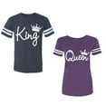 thumbnail image 1 of Fashion King Queen Unisex Couple Matching Cotton Jersey style T-Shirt Contrasting stripes on sleeves (Men Navy / Women Purple) (Men M / Women M), 1 of 3