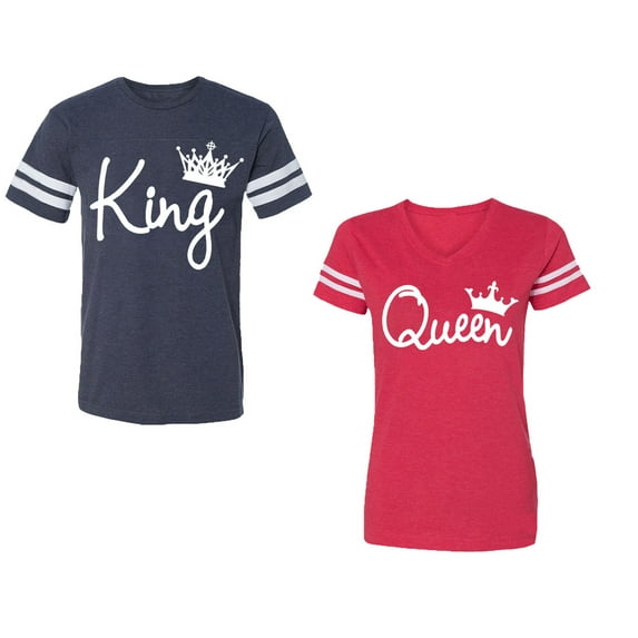 Fashion King Queen Unisex Couple Matching Cotton Jersey style T-Shirt Contrasting stripes on sleeves (Men Navy / Women Red) (Men L / Women L)