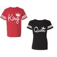 thumbnail image 1 of Fashion King Queen Unisex Couple Matching Cotton Jersey style T-Shirt Contrasting stripes on sleeves (Men Red / Women Black) (Men S / Women S), 1 of 3