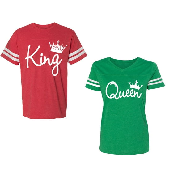 Fashion King Queen Unisex Couple Matching Cotton Jersey style T-Shirt Contrasting stripes on sleeves (Men Red / Women Green) (Men S / Women XXL)