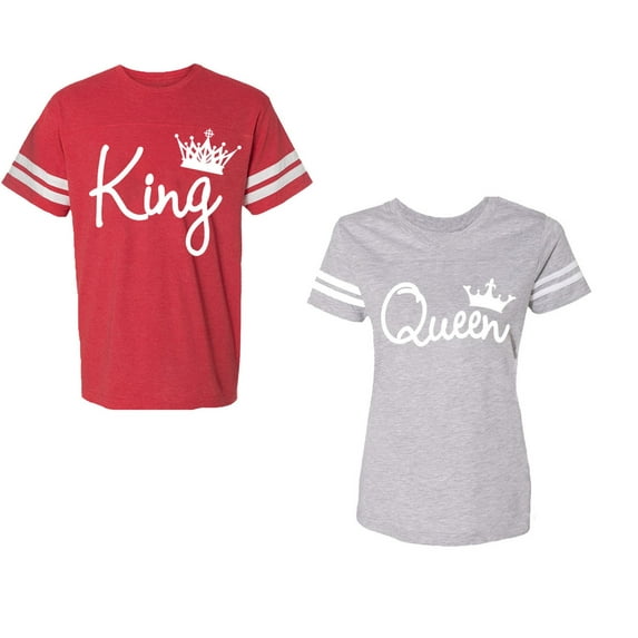 Fashion King Queen Unisex Couple Matching Cotton Jersey style T-Shirt Contrasting stripes on sleeves (Men Red / Women Heather) (Men XL / Women XL)