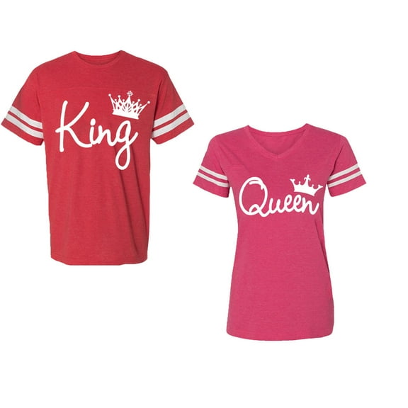 Fashion King Queen Unisex Couple Matching Cotton Jersey style T-Shirt Contrasting stripes on sleeves (Men Red / Women Pink) (Men XXL / Women L)