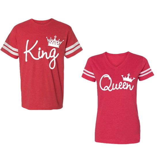 Fashion King Queen Unisex Couple Matching Cotton Jersey style T-Shirt Contrasting stripes on sleeves (Men Red / Women Red) (Men S / Women M)