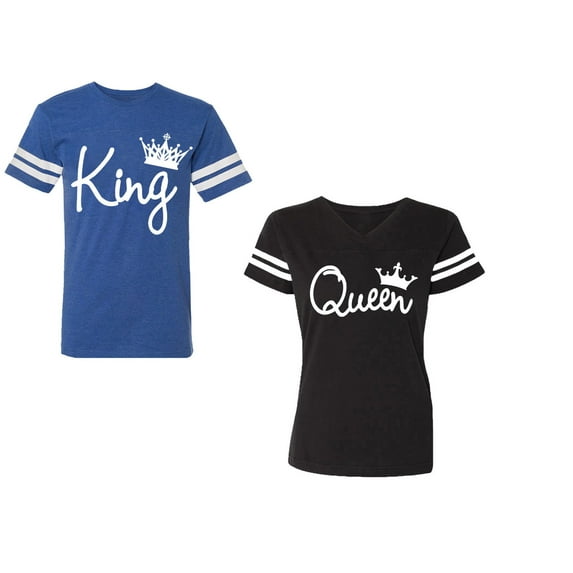 Fashion King Queen Unisex Couple Matching Cotton Jersey style T-Shirt Contrasting stripes on sleeves (Men Royal / Women Black) (Men S / Women XXL)