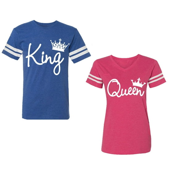 Fashion King Queen Unisex Couple Matching Cotton Jersey style T-Shirt Contrasting stripes on sleeves (Men Royal / Women Pink) (Men M / Women XXL)