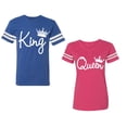 thumbnail image 1 of Fashion King Queen Unisex Couple Matching Cotton Jersey style T-Shirt Contrasting stripes on sleeves (Men Royal / Women Pink) (Men XXL / Women M), 1 of 3