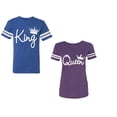 thumbnail image 1 of Fashion King Queen Unisex Couple Matching Cotton Jersey style T-Shirt Contrasting stripes on sleeves (Men Royal / Women Purple) (Men L / Women M), 1 of 3