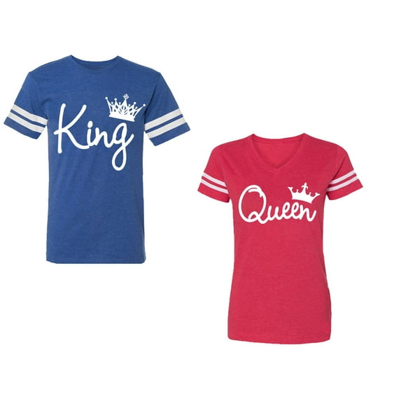 Fashion King Queen Unisex Couple Matching Cotton Jersey style T-Shirt Contrasting stripes on sleeves (Men Royal / Women Red) (Men XXL / Women S)