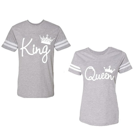 Fashion King Queen Unisex Couple Matching Cotton Jersey style T-Shirt Contrasting stripes on sleeves (Men Heather / Women Heather) (Men L / Women XXL)