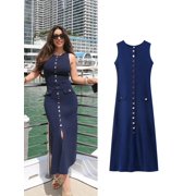 AOLIGEI Fashion Knit Single Breasted Long Dresseses For Women O-neck Sleeveless Fake Pocket Female Dress 2024 Summer Lady Beach Robe New